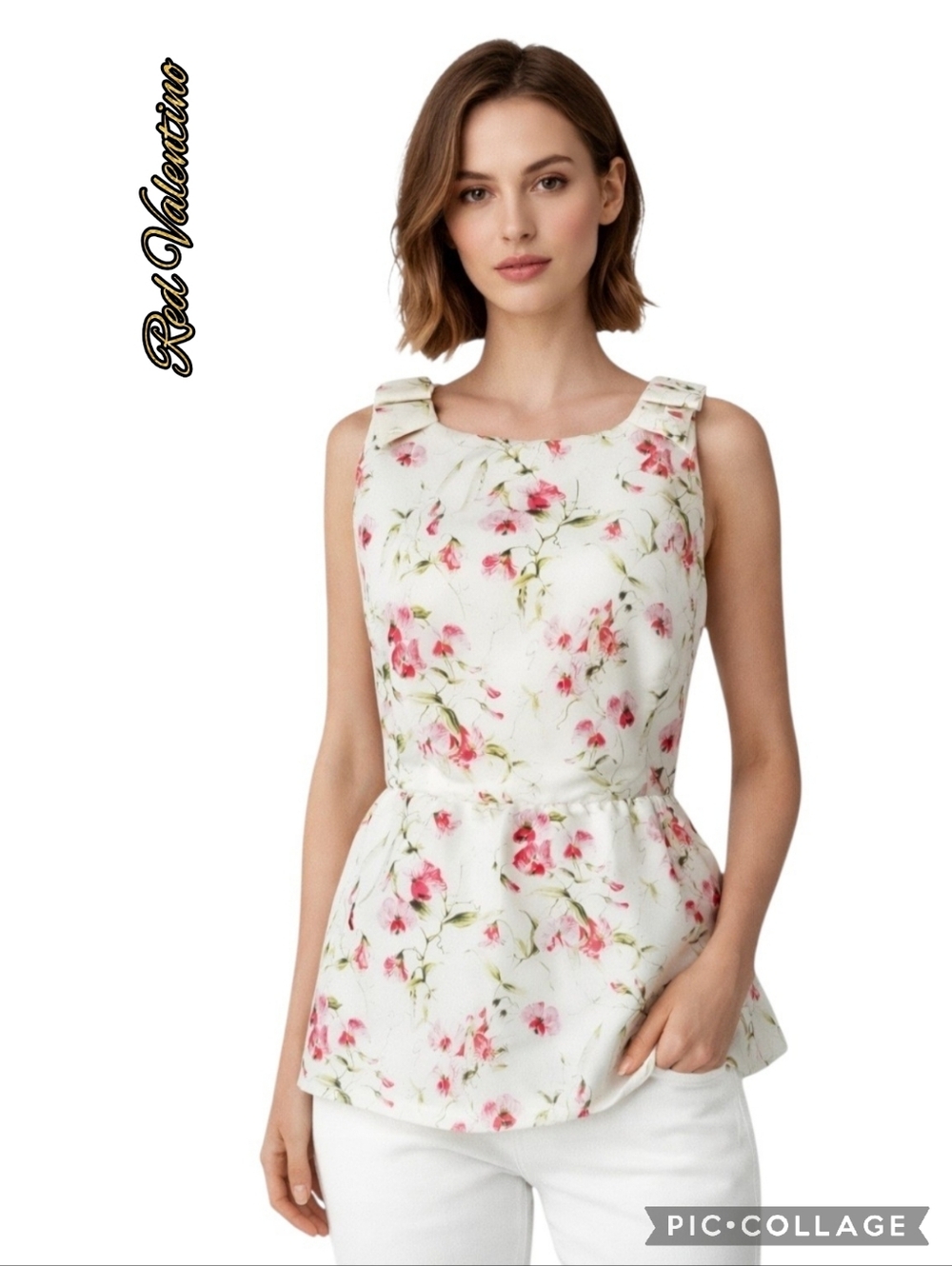 Red Valentino floral peplum top pink green back zip gathered sz 8 EU 46 nwt 🎉HP
